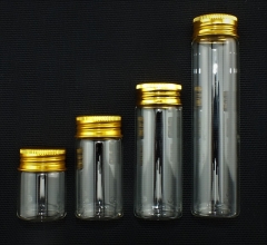Preview: Sammelglas - klar - 15 ml - für ca. 155 Gramm = ca. 5 oz Gold - goldener Aluminium-Schraubdeckel